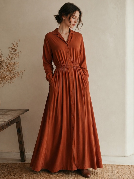 Lowrys Farm Dresses & Skirts - Lowrys Farm Rust Rayon Shirt Dress Maxi Cottagecore Minimalist M